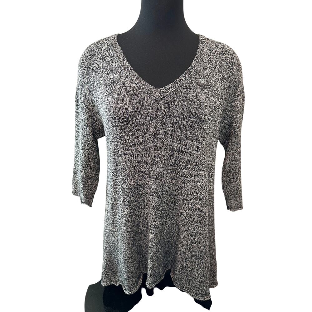 EILEEN FISHER | Wool Linen Knit Tunic Sweater Black Ivory | Size Medium - Picture 2 of 7